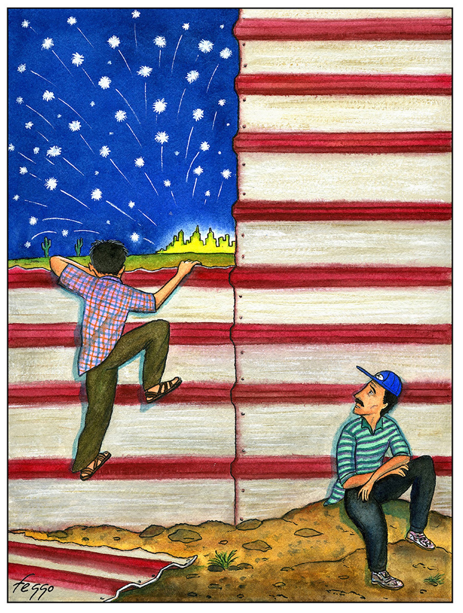 Felipe Galindo Gómez, 4th of July from the South Border, 1999, ink and watercolor on Arches paper, 36 × 29 cm, Library of Congress.