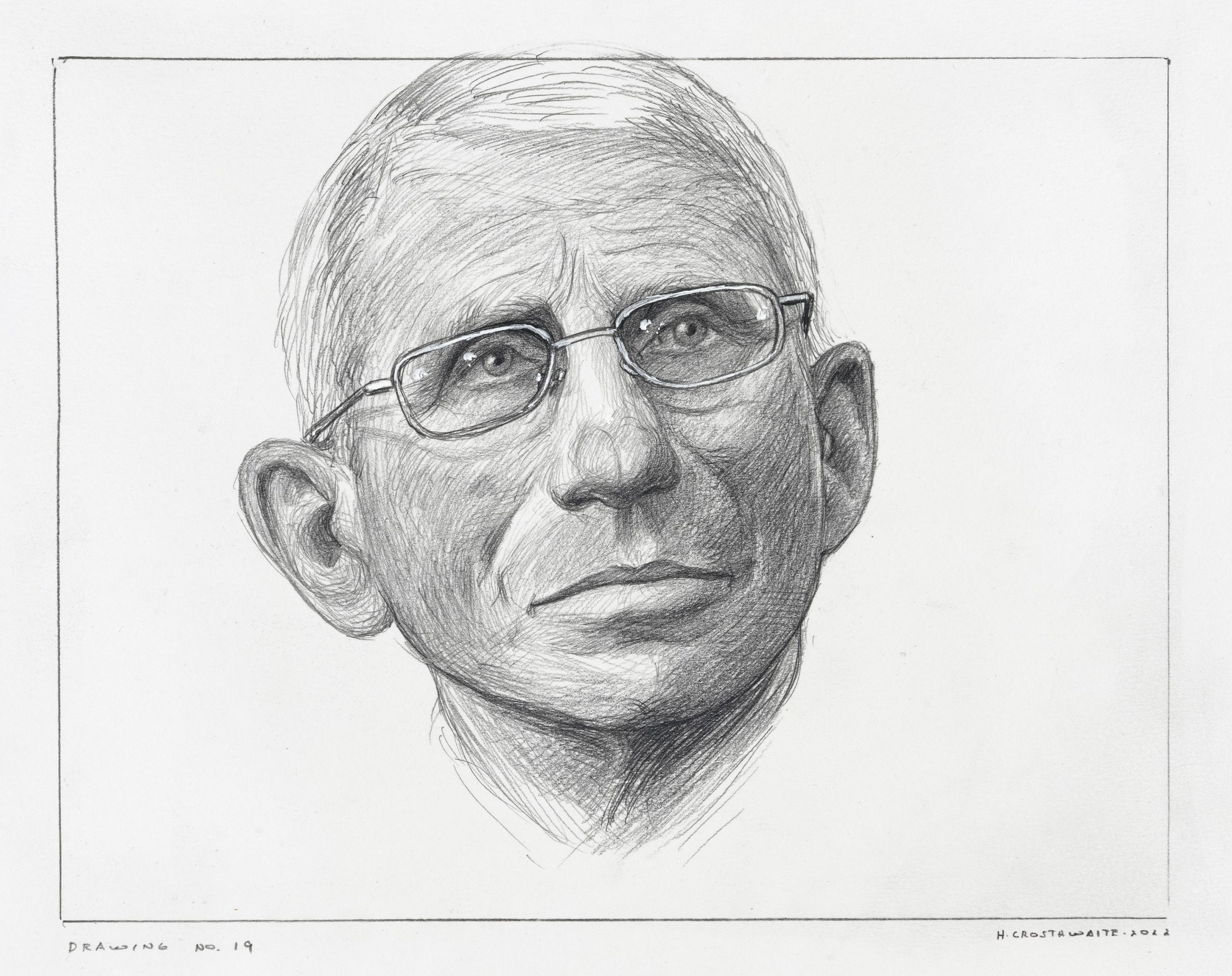 Hugo Crosthwaite, A Portrait of Dr. Anthony Fauci, 2022, stop-motion drawing animation and 19 pencil drawings, 4:59 minutes, National Portrait Gallery.