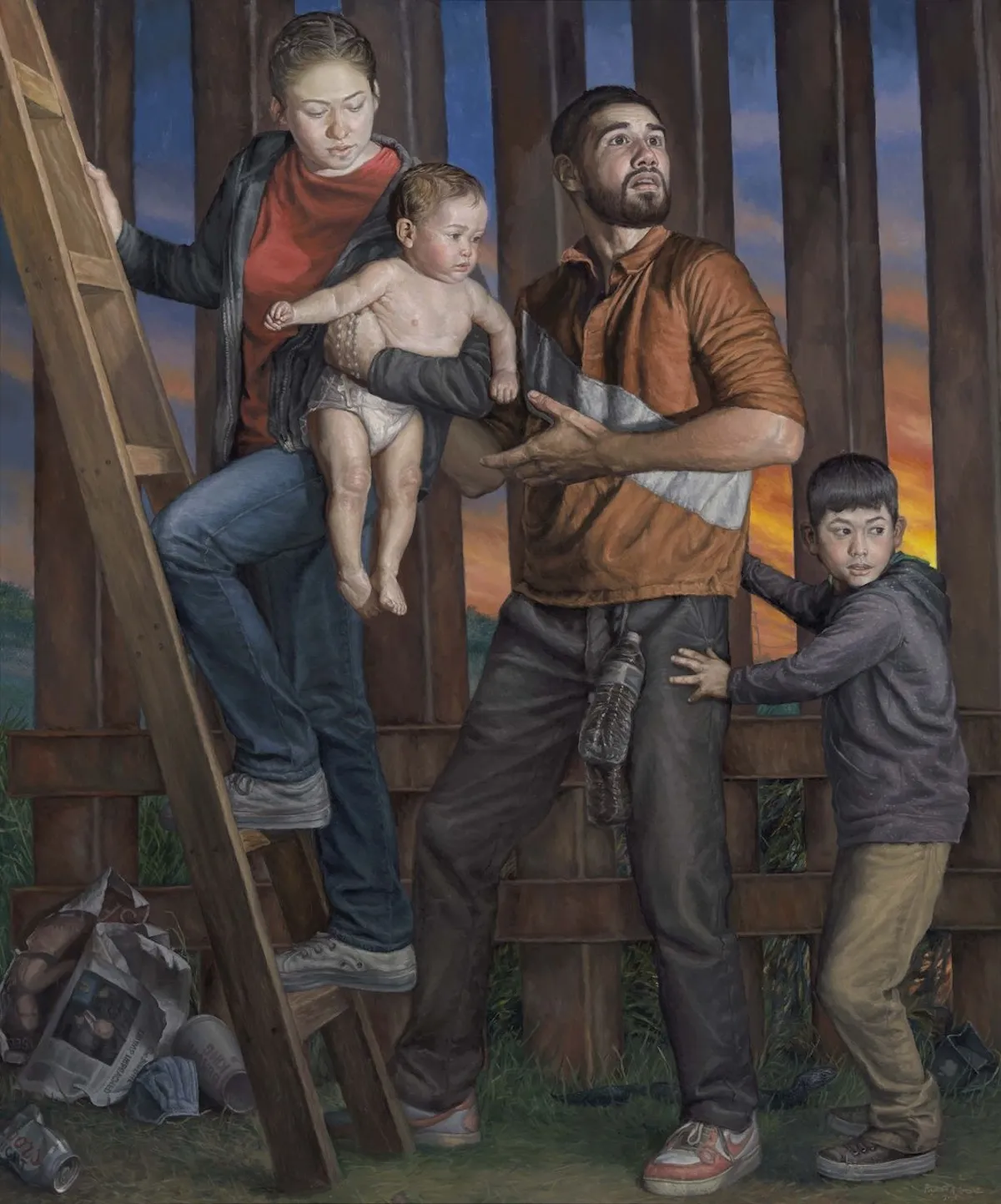 Rigoberto A. González, Refugees Crossing the Border Wall into South Texas, 2020, oil on linen, Valmar Private Collection
